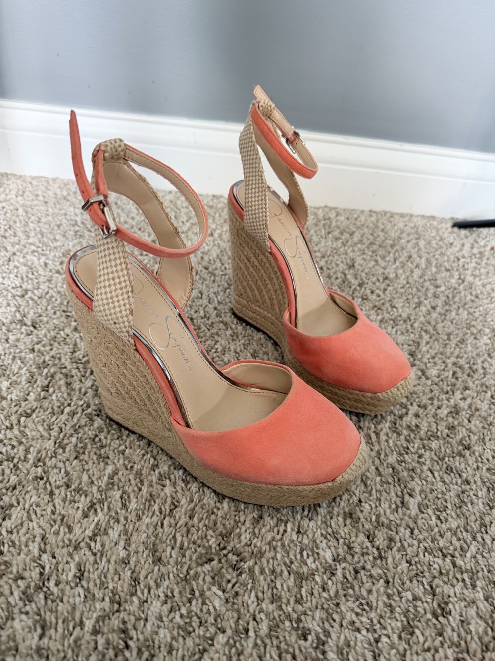 Jessica Simpson Coral Orange Espadrille Wedge Sandals with Ankle Strap